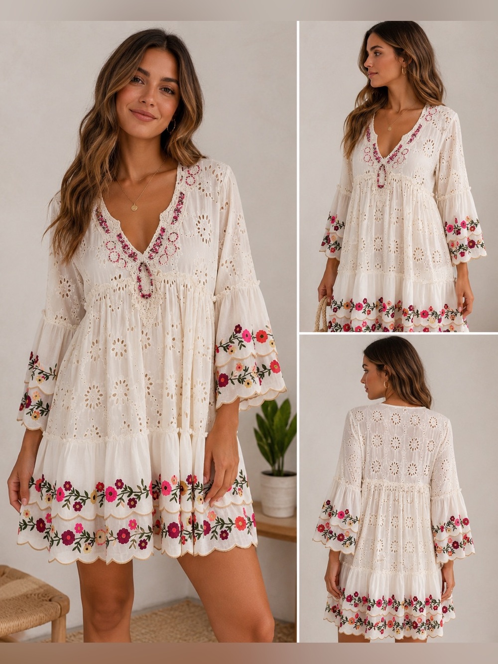 Anthropologie Cream Eyelet Mini Dress with Pink & Red Floral Embroidery